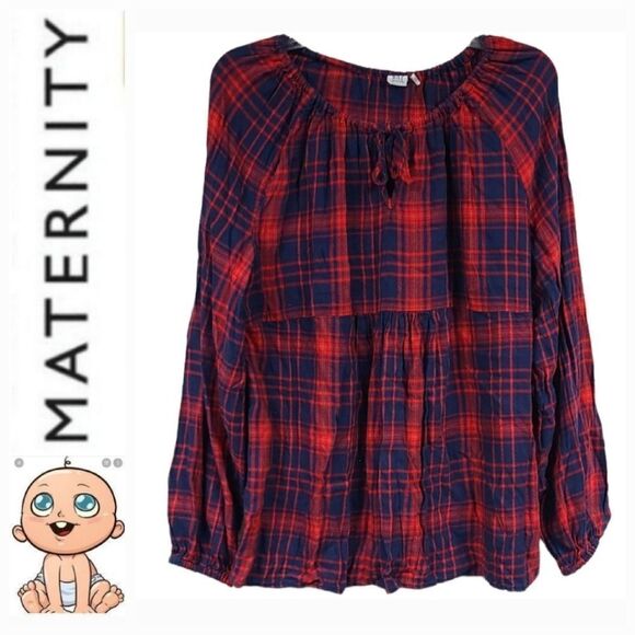 GAP Maternity Split-Neck Red Plaid Top Long Sleeve Flannel Shirt Bow Tie Keyhole - Picture 2 of 10